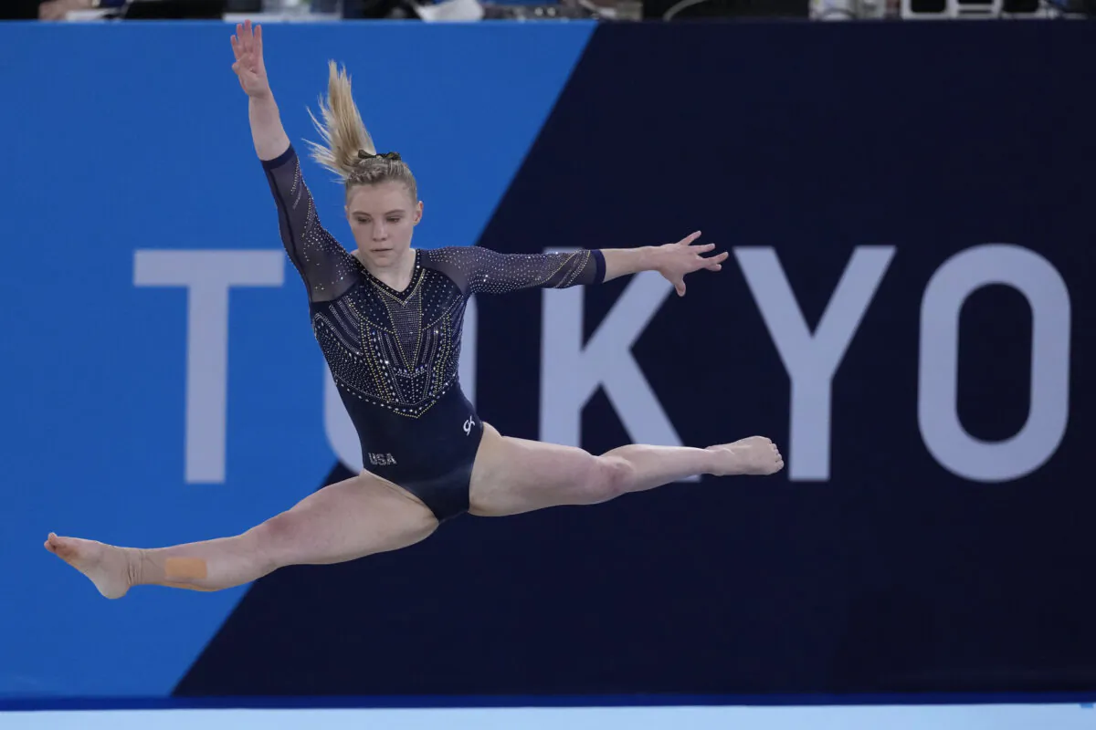 Jade Carey, of the United States, performs on the floor during the artistic gymnastics women's all-around final at the 2020 Summer Olympics in Tokyo, Japan, on July 29, 2021. (Ashley Landis/AP Photo)