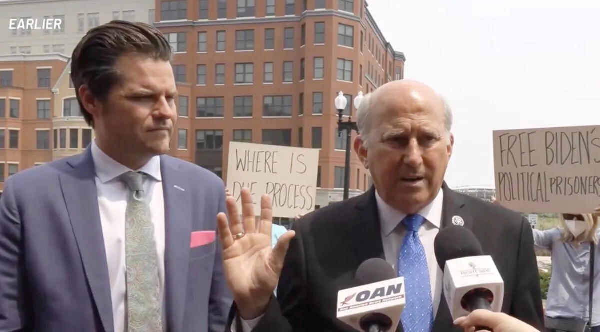 Reps. Matt Gaetz (L) and Louie Gohmert speak to the press outside the D.C. Central Detention Facility in Washington on Jan. 29, 2021. (Screenshot RSBN/The Epoch Times)