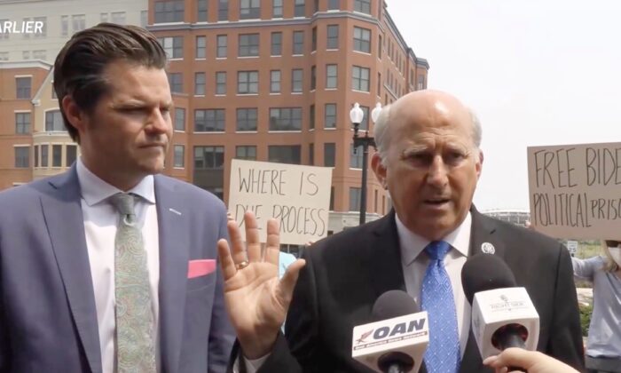 Reps. Matt Gaetz (L) and Louie Gohmert speak to the press outside the D.C. Central Detention Facility in Washington on Jan. 29, 2021. (Screenshot RSBN/The Epoch Times)