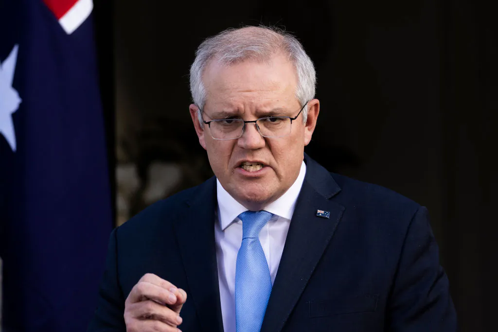 Australian Prime Minister Scott Morrison speaks during a press conference at Kirribilli House in Sydney, Australia on July 13, 2021 (Jenny Evans/Getty Images)