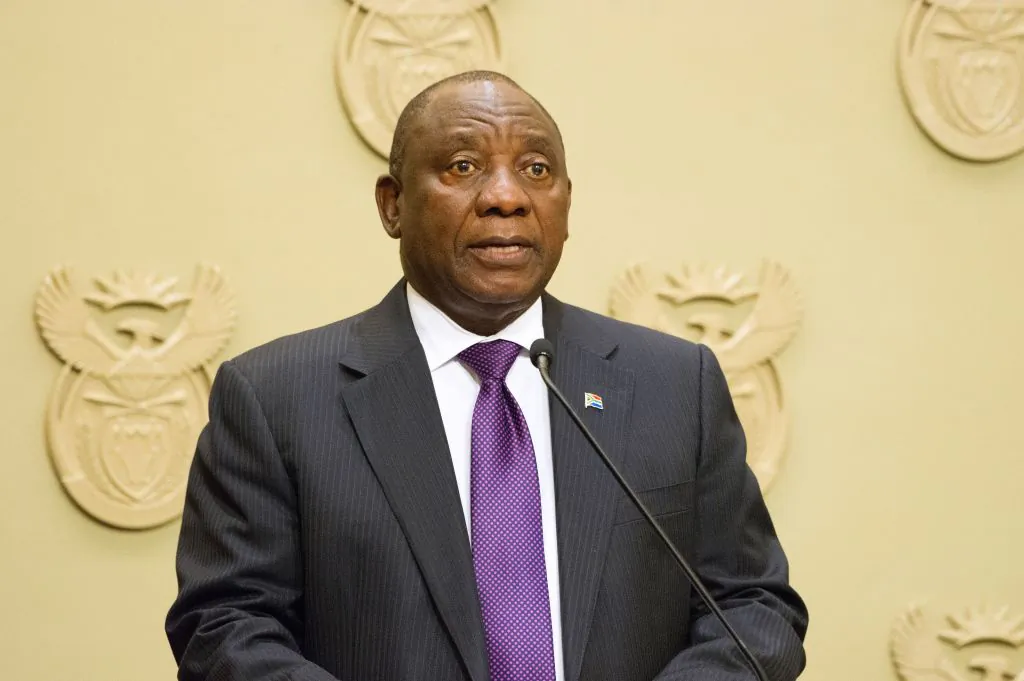 South African President Cyril Ramaphosa opens proceedings of the swearing in of new cabinet ministers in the South African parliament in Cape Town on Feb. 27, 2018. (Rodger Bosch/AFP via Getty Images)