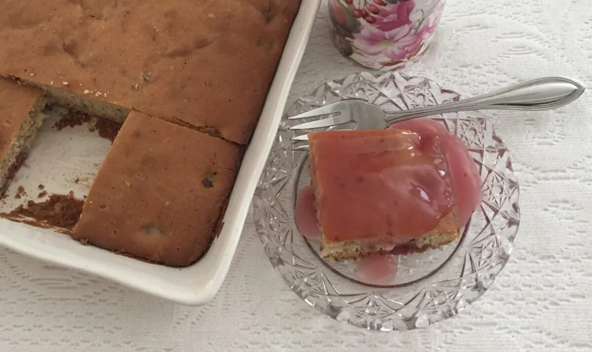 Serve the cake with hot cherry sauce spooned on top. (Courtesy of Charlene Hornick)