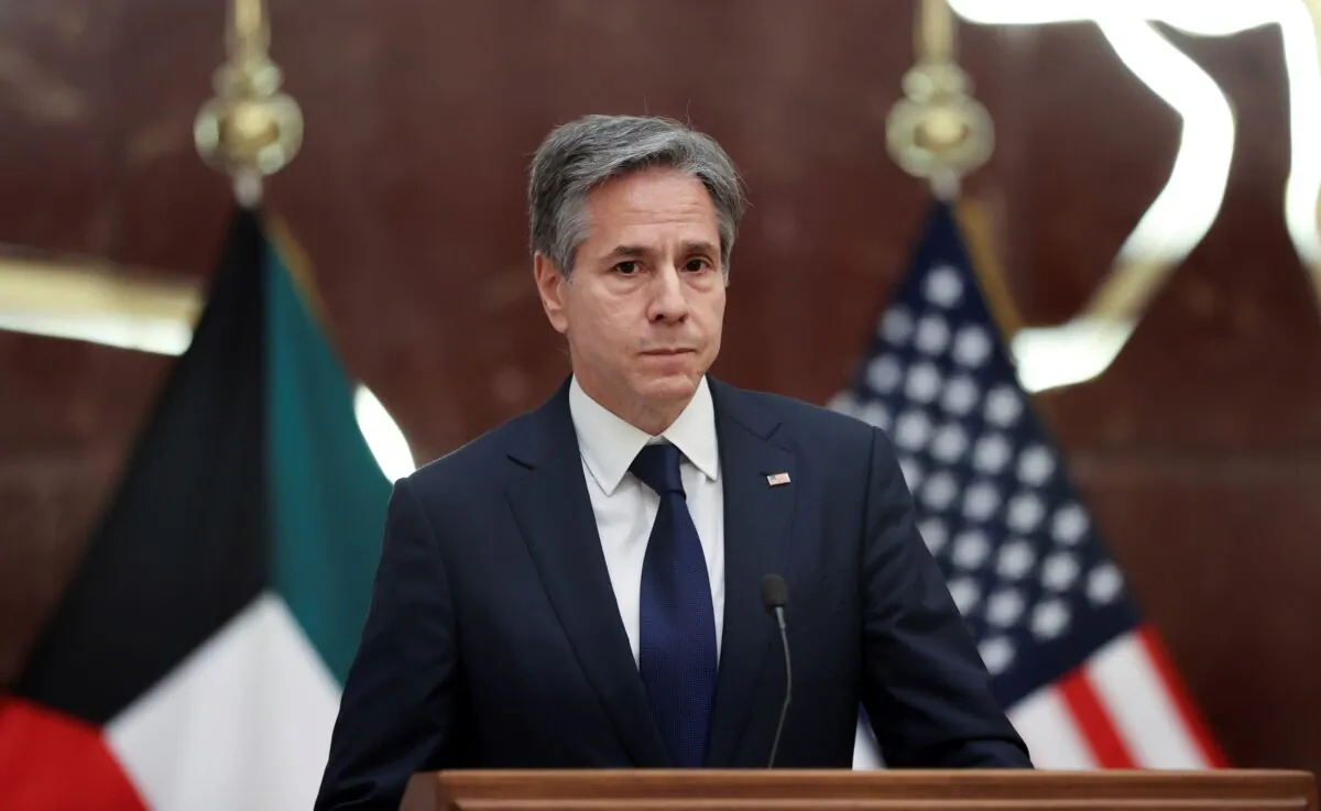Secretary of State Antony Blinken participates in a news conference at the Ministry of Foreign Affairs in Kuwait City, Kuwait, on July 29, 2021. (Jonathan Ernst/Pool via AP)