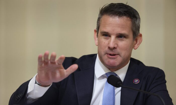Rep. Adam Kinzinger (R-Ill.) speaks during a congressional hearing examing the Jan. 6 U.S. Capitol breach, in Washington on July 27, 2021. (Jim Lo Scalzo/Pool/AFP via Getty Images)