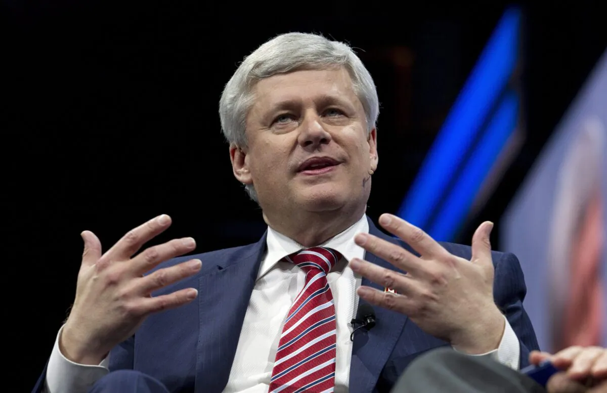 Former prime minister Stephen Harper speaks at the 2017 American Israel Public Affairs Committee policy conference in Washington on March 26, 2017. (AP Photo/Jose Luis Magana)