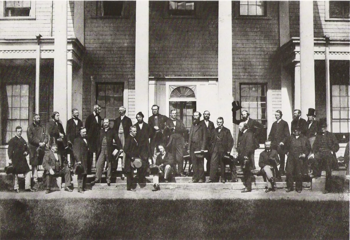 The Fathers of Confederation at the Charlottetown Conference in September 1864, where they gathered to consider the union of the British North American Colonies. The achievement of responsible government in the Province of Canada was essential in bringing about the conditions necessary for Confederation in 1867. (Public Domain)