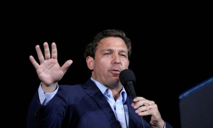 Florida Gov. Ron Desantis speaks during a campaign rally by Donald Trump at Pensacola International Airport in Pensacola, Fla., on Oct. 23, 2020. (Tom Brenner/Reuters)