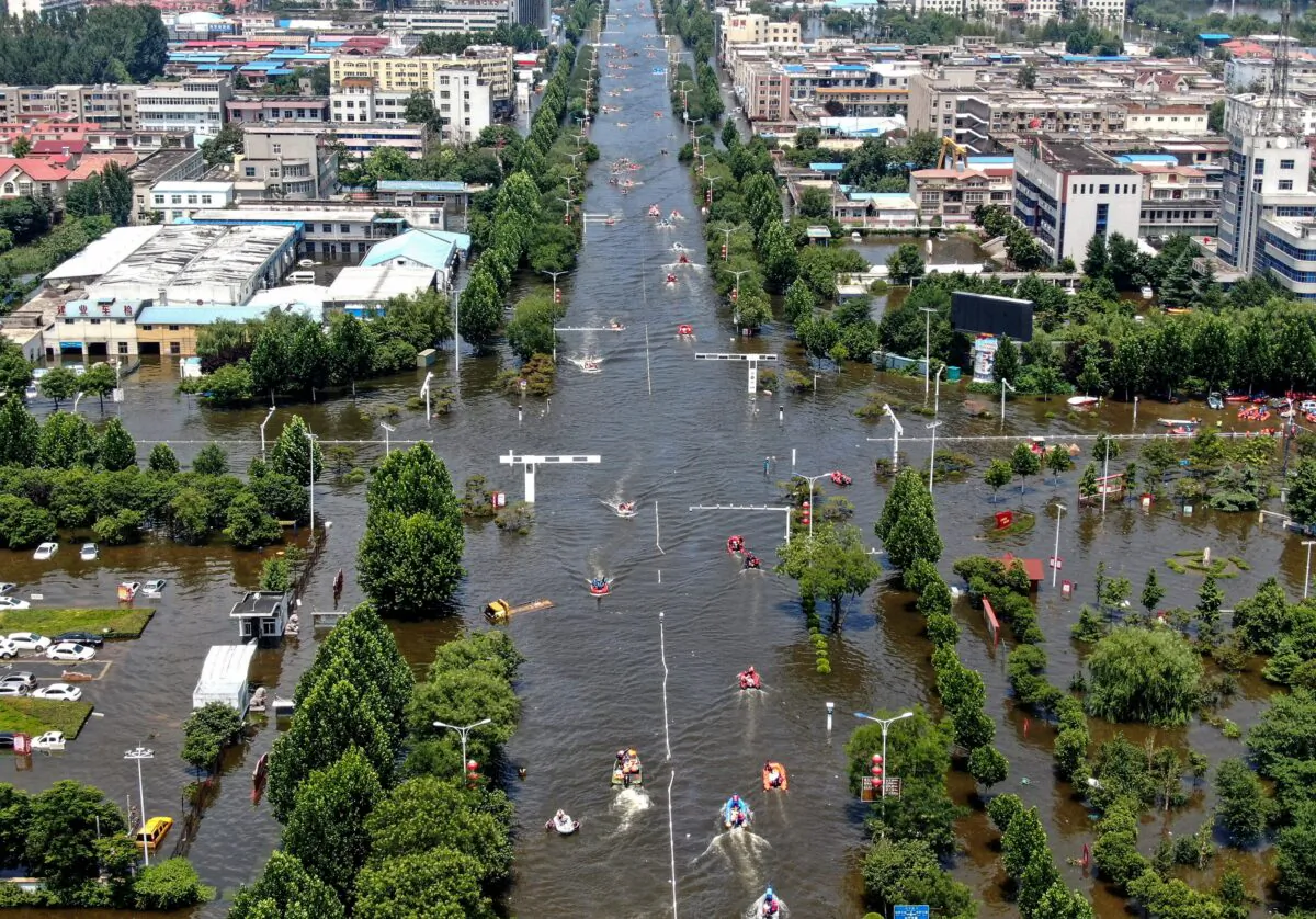 This aerial photo taken on July 26, 2021 shows a flooded area in the city of Weihui in China's central Henan Province. (STR/AFP via Getty Images)