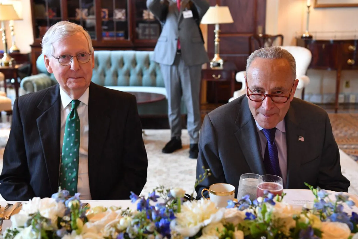 Senate Majority Leader Chuck Schumer (D-N.Y.) and Senate Minority Leader Mitch McConnell (R-K.y.) meet Iraqi Prime Minister Mustafa al-Kadhemi(not shown) during a lunch at the US Capitol in Washington, DC, on July 28, 2021. (Photo by Nicholas Kamm / AFP) (Photo by NICHOLAS KAMM/AFP via Getty Images)