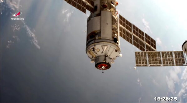 The Nauka (Science) multipurpose experimental module can be seen while docked to the International Space Station (ISS).