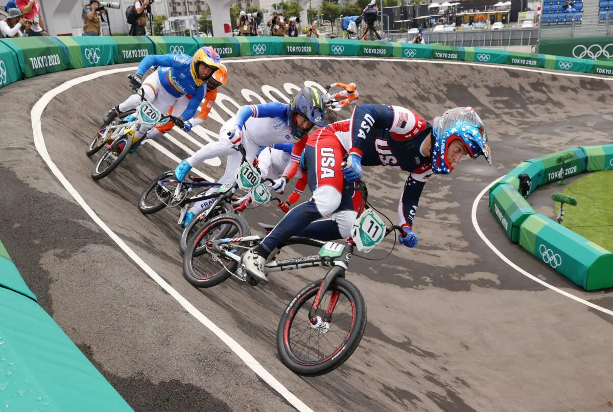 (L-R) Vincent Pelluard of Team Colombia, Romain Mahieu of Team France, Sylvain Andre of Team France and Connor Fields of Team United States as they compete during the Men's BMX semifinal heat 1, run 2 on day seven of the Tokyo 2020 Olympic Games at Ariake Urban Sports Park in Tokyo, Japan on July 30, 2021. (Francois Nel/Getty Images)

