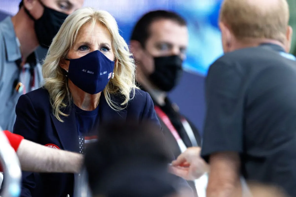 First Lady Jill Biden attends a swimming event during the Tokyo 2020 Olympic Games at the Tokyo Aquatics Centre in Tokyo on July 24, 2021.(Odd Andersen/AFP via Getty Images)