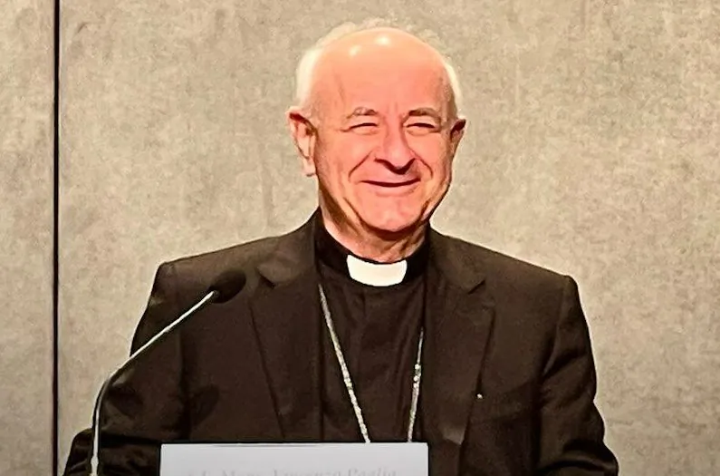 Archbishop Vincenzo Paglia, head of the Pontifical Academy for Life and host of the International Roundtable on Vaccination, in the Vatican on July 1, 2021. (Bree Dail/The Epoch Times)