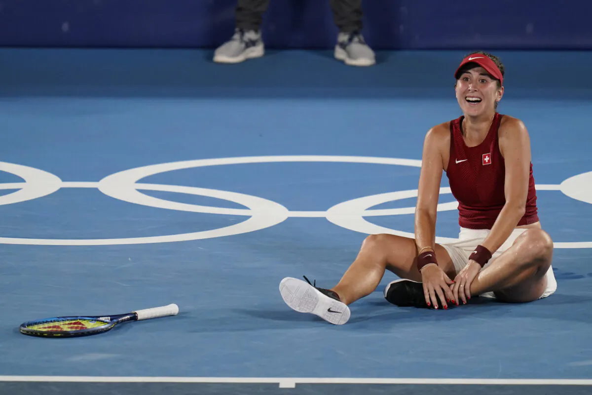 Belinda Bencic, of Switzerland, reacts after defeating Marketa Vondrousova, of the Czech Republic, in the women's gold medal match of the tennis competition at the 2020 Summer Olympics in Tokyo, Japan, on July 31, 2021. (Seth Wenig/AP Photo)