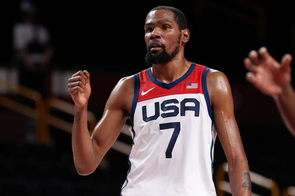 Kevin Durant of Team United States reacts against Czech Republic during the second half of a Men's Basketball Preliminary Round Group A game on day eight of the Tokyo 2020 Olympic Games at Saitama Super Arena in Saitama, Japan on July 31, 2021. (Ezra Shaw/Getty Images)