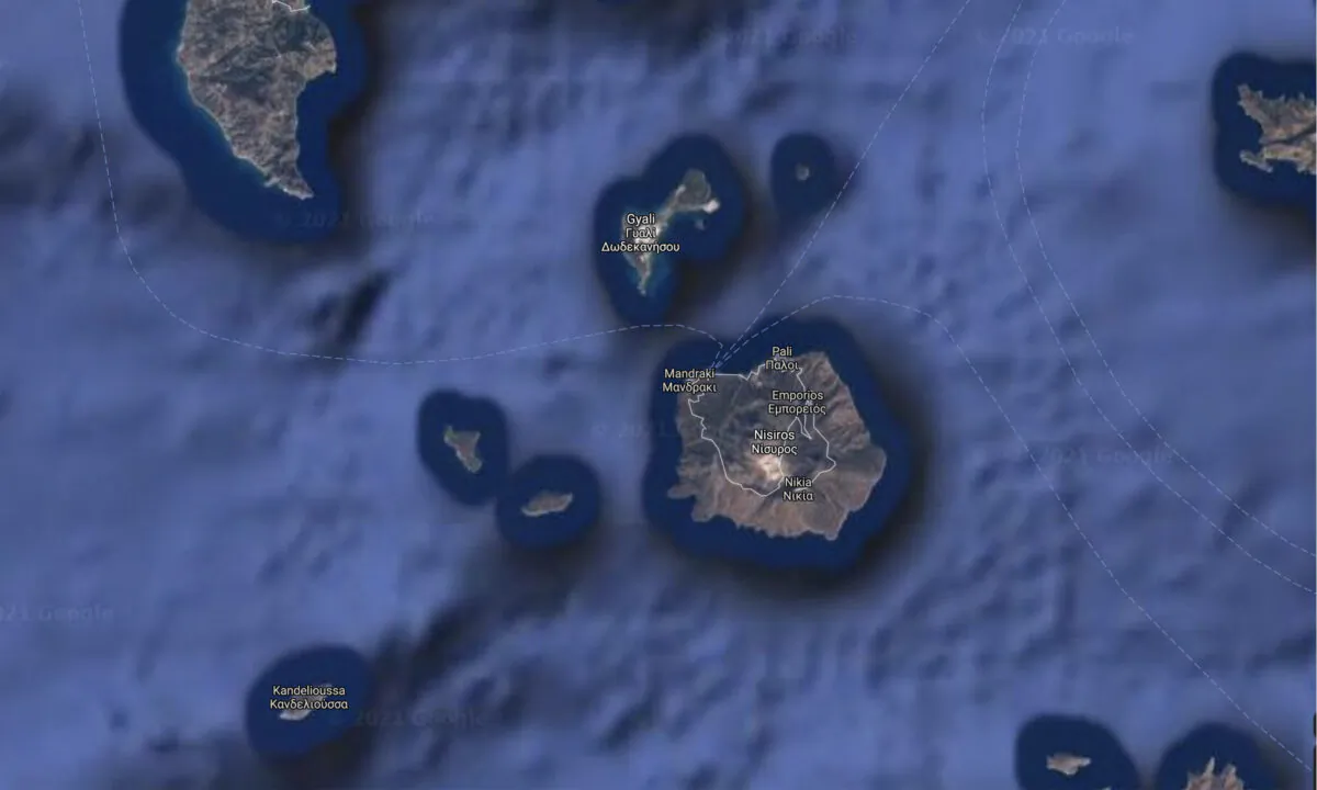 Satellite image showing Greek island of Nisyros and surrounding areas. (Google maps/Screenshot/The Epoch Times)