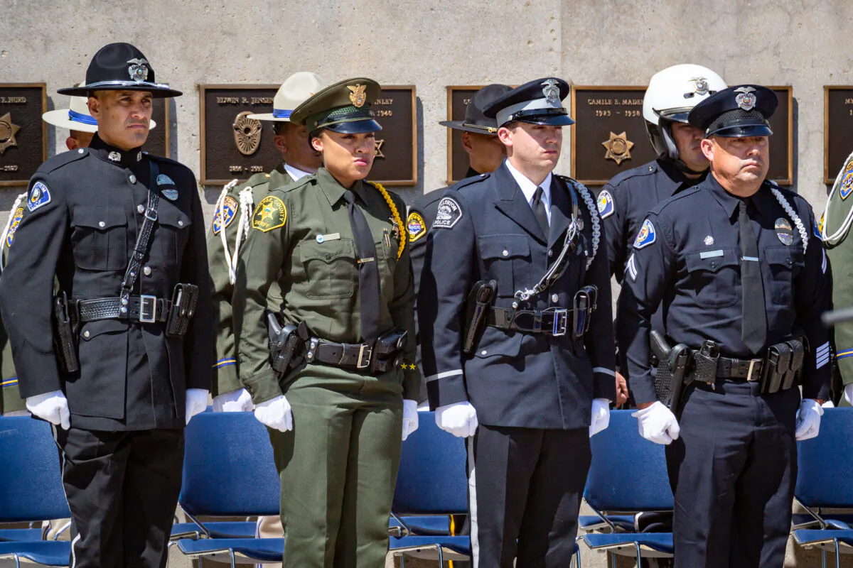 Orange County Peace Officers attend an annual service honoring fallen officers in Tustin, Calif., on May 27, 2021. (John Fredricks/The Epoch Times)