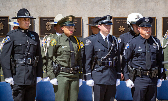Orange County Peace Officers attend an annual service honoring fallen officers in Tustin, Calif., on May 27, 2021. (John Fredricks/The Epoch Times)