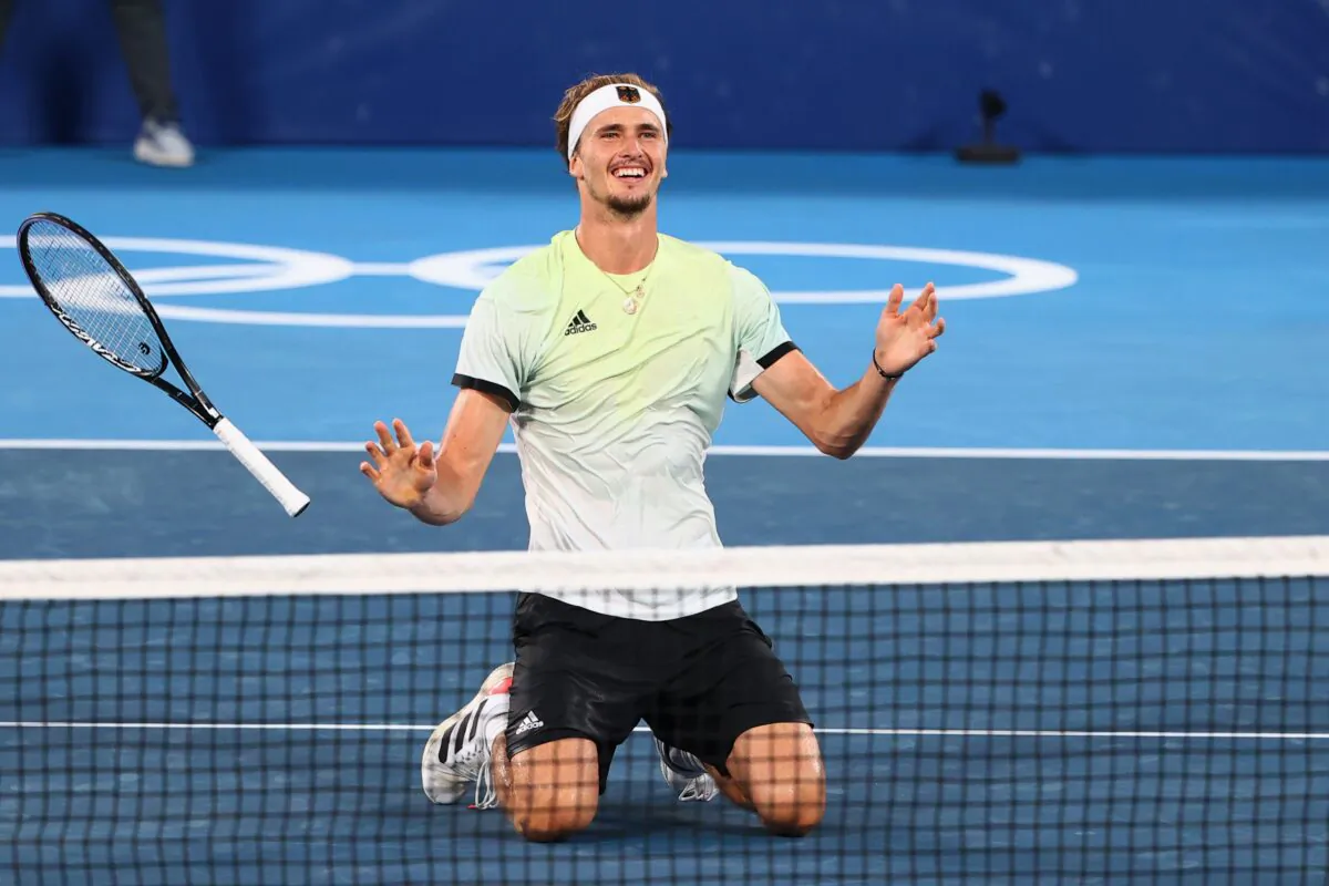 Alexander Zverev of Germany reacts after winning the men's singles tennis gold medal match against Karen Khachanov of the Russian Olympic Committee at the Tokyo 2020 Olympics at Ariake Tennis Park in Tokyo, Japan, on Aug. 1, 2021. (Mike Segar/Reuters)