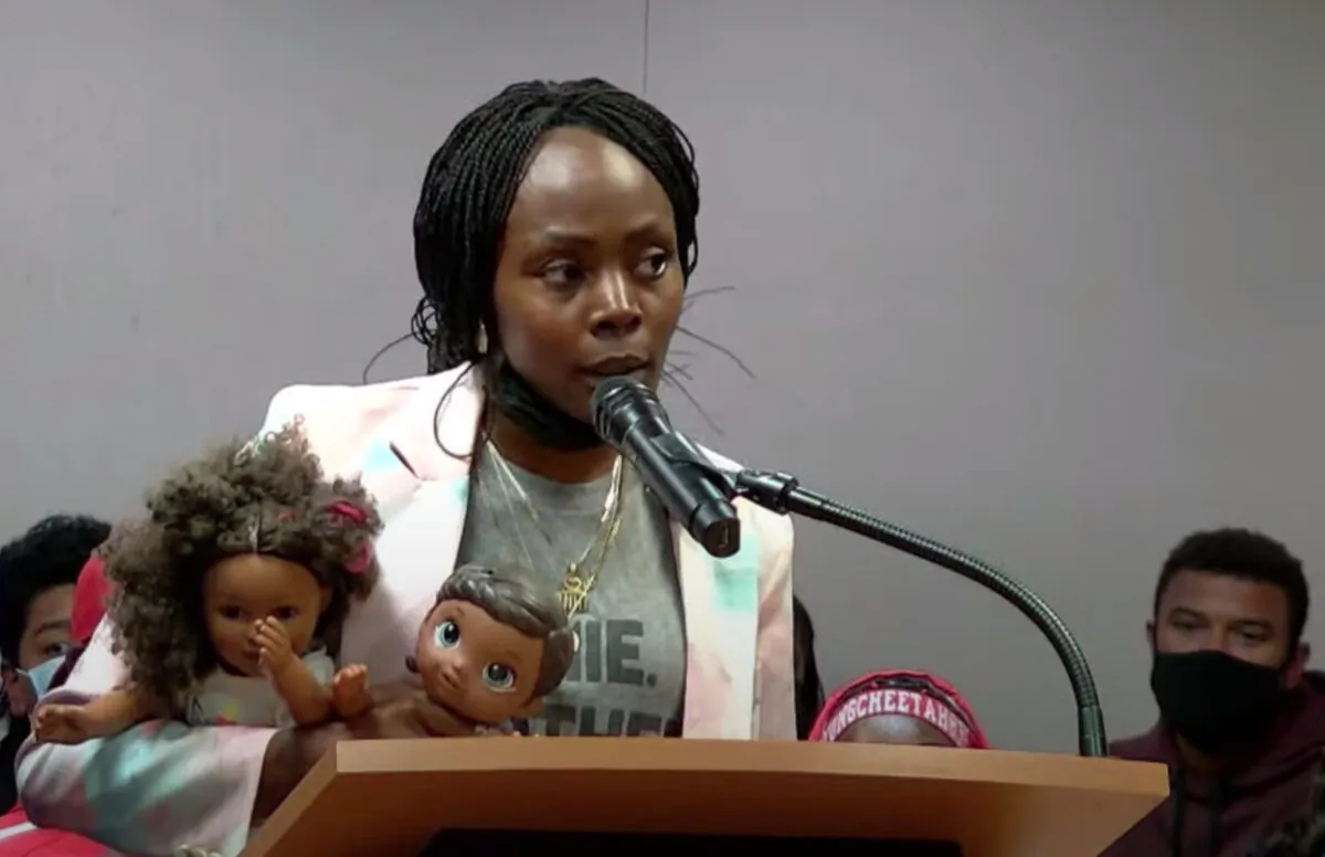 Tamisha Smith, a teacher at Alisal High School, speaks at a school board meeting in Salinas, Calif., on Aug. 24, 2021. (Screenshot via YouTube/SUHSD Official)