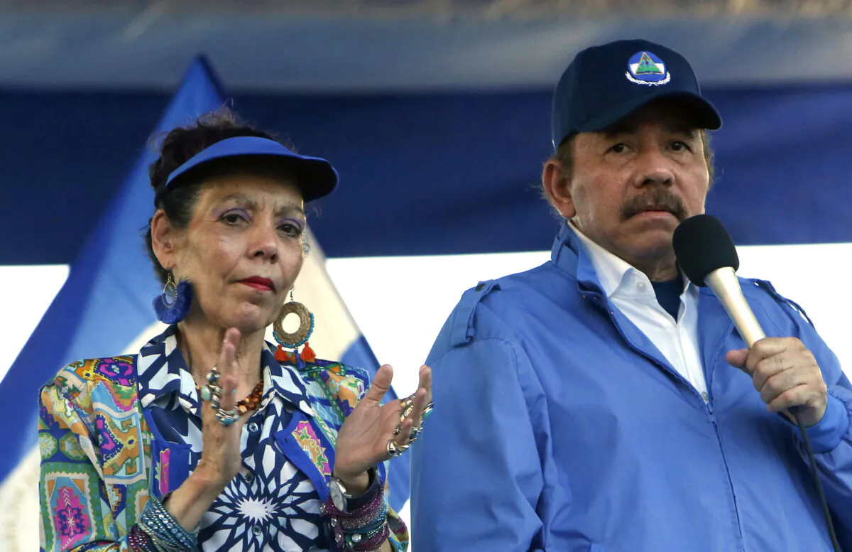 Nicaragua's President Daniel Ortega and his wife, Vice President Rosario Murillo, lead a rally in Managua, Nicaragua, on Sept. 5, 2018. (Alfredo Zuniga/AP Photo)