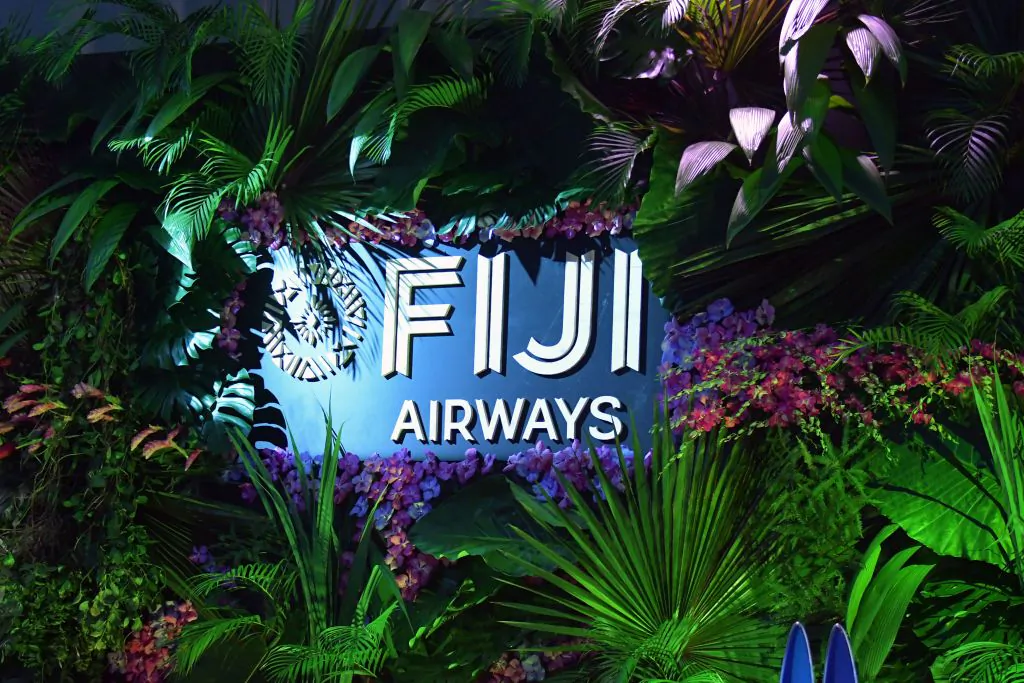 This illustration picture taken on Nov. 15, 2019, shows the logo of the Fiji Airways' Airbus A350 XWB during its delivery ceremony of the first Fiji Airways Airbus A350 aircraft at the Airbus delivery center in Colomiers, southwestern France. (Pascal Pavani/AFP via Getty Images)
