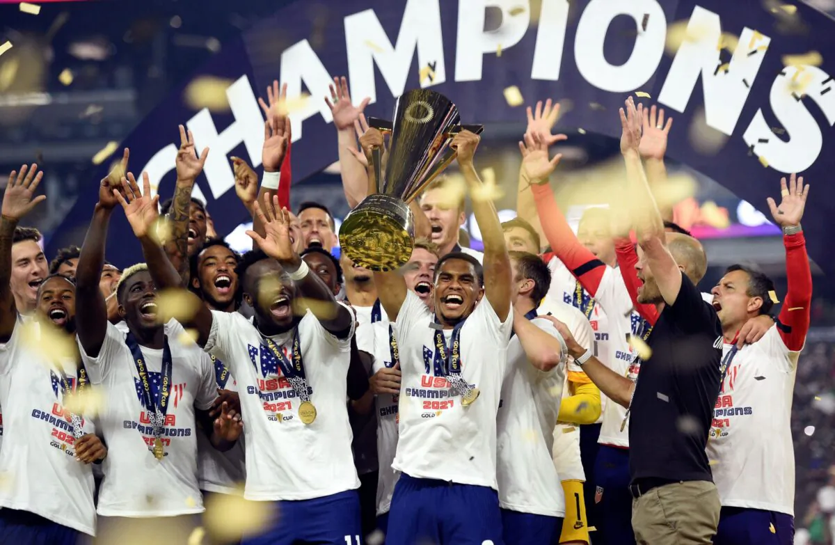 United States celebrate their extra-time victory over Mexico in the CONCACAF Gold Cup final soccer match, in Las Vegas, Nev., on Aug. 1, 2021. (David Becker/AP Photo)