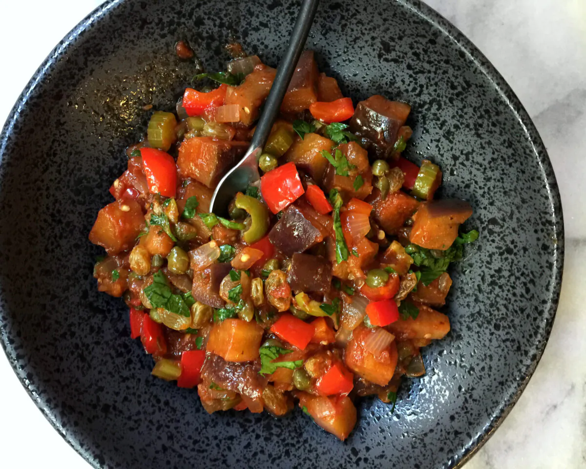 Eggplant is the dominant vegetable in caponata, cooked until golden and squidgy. (Lynda Balslev for Tastefood)