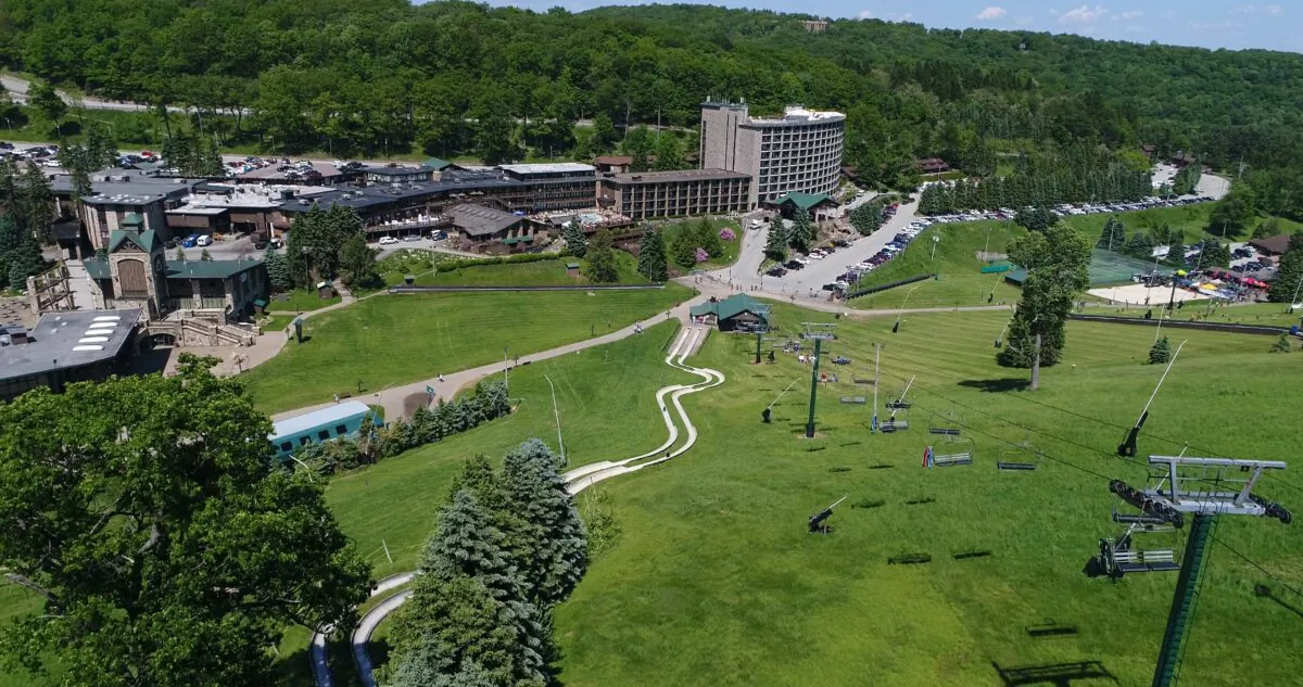 An aerial view of Seven Springs Mountain Resort in the summer. (Courtesy of Seven Springs) 