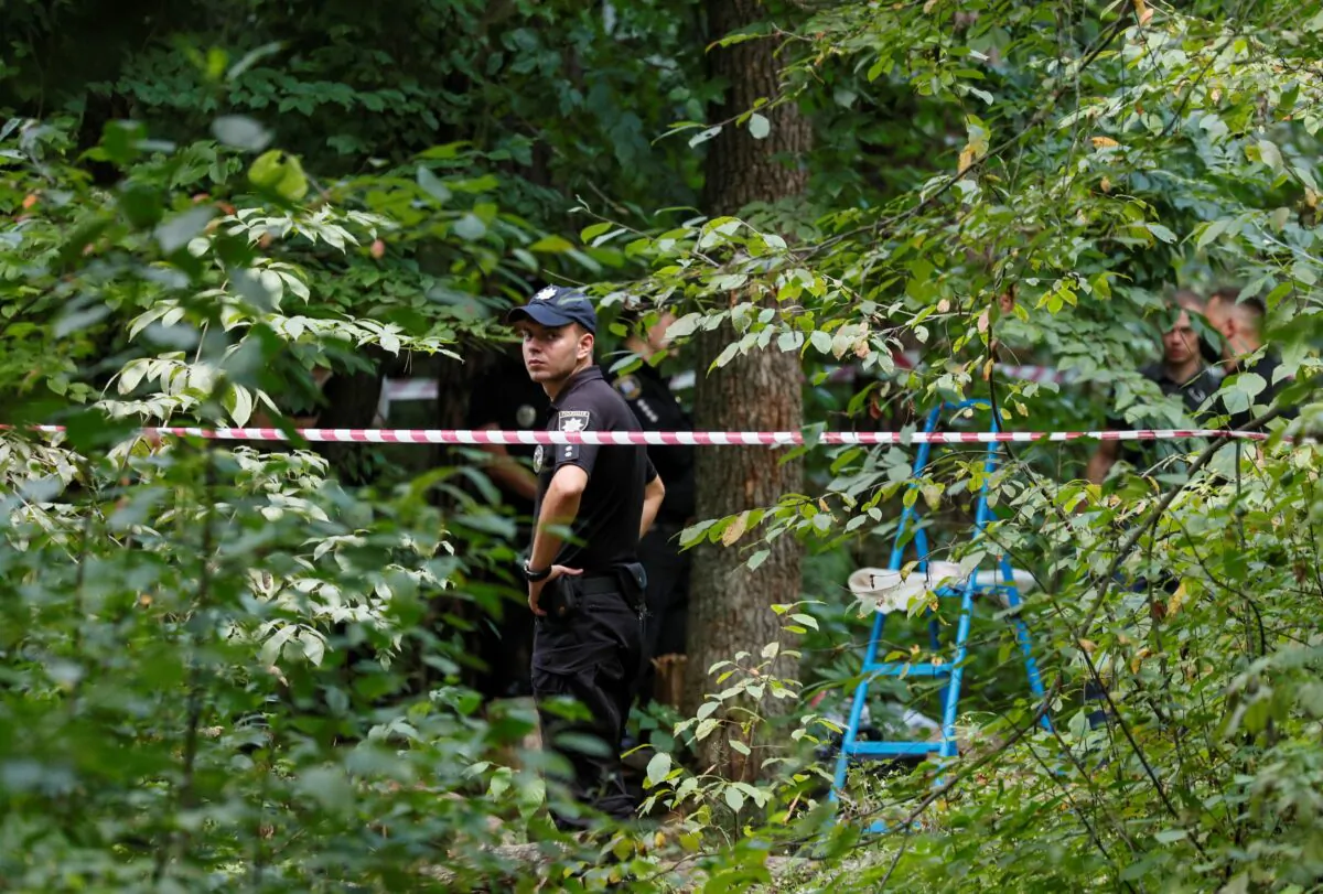 A view of the site where Vitaly Shishov, who led a Kyiv-based organization that helps Belarusians fleeing persecution, was found dead in Kyiv, Ukraine, on Aug. 3, 2021. (Gleb Garanich/Reuters)