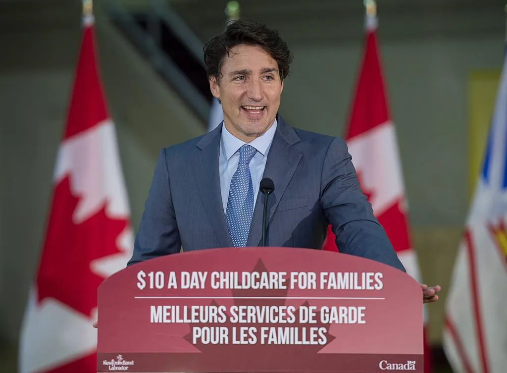 Prime Minister Justin Trudeau sports a smile at the College of the North Atlantic in St. John's, N.L. on July 28, 2021. The province has struck a deal with Ottawa for a $10-a-day child-care program. (The Canadian Press/Andrew Vaughan)