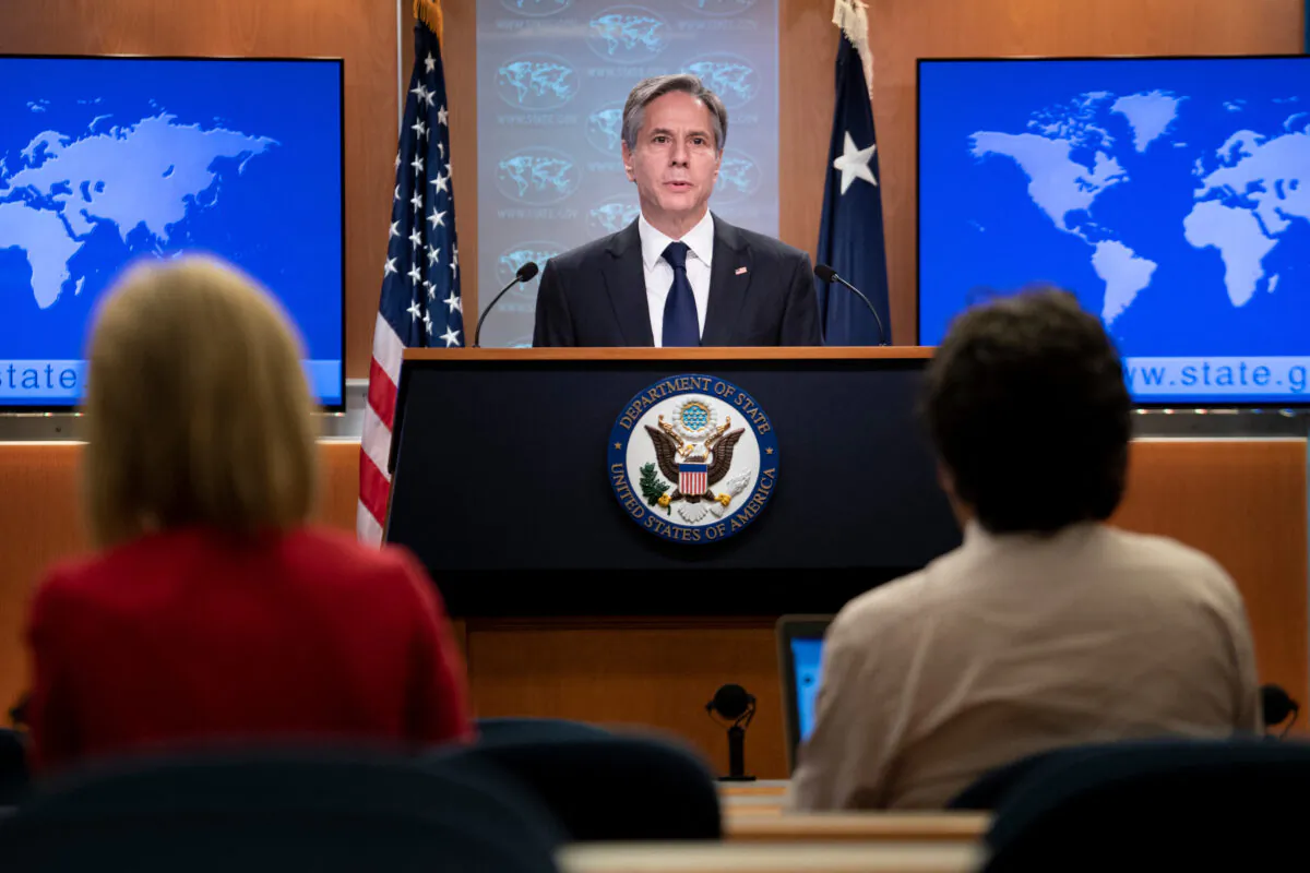 Secretary of State Antony Blinken speaks during a briefing at the State Department in Washington, on Aug. 2, 2021. (Brendan Smialowski/Pool/AFP via Getty Images)