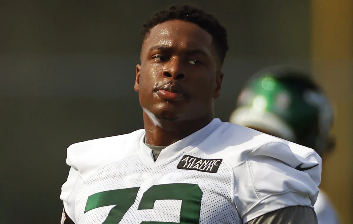 New York Jets offensive tackle Cameron Clark (72) is shown during a practice at the NFL football team's training camp in Florham Park, N.J., on Aug. 22, 2020. (Adam Hunger, File/AP)