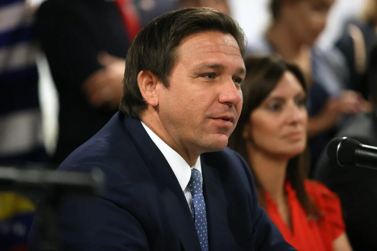Florida Gov. Ron DeSantis takes part in a roundtable discussion about the uprising in Cuba at the American Museum of the Cuba Diaspora in Miami, Fla., on July 13, 2021. (Joe Raedle/Getty Images)