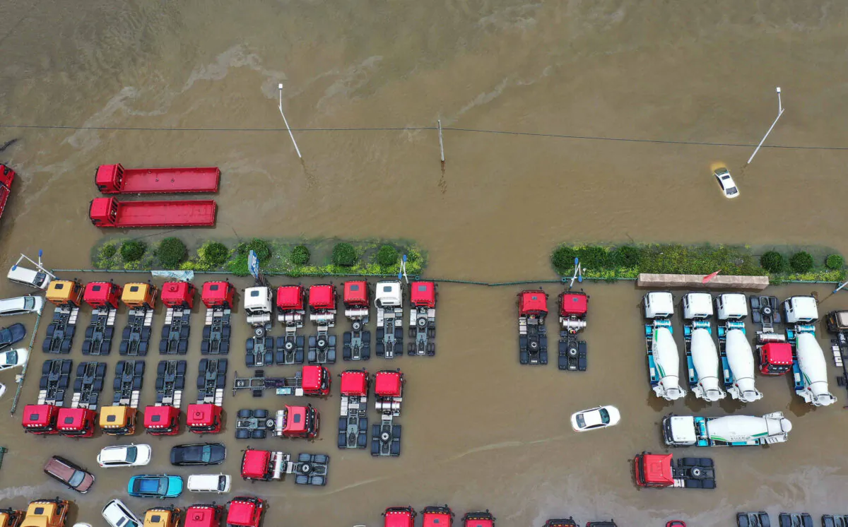 This aerial photo taken on July 23, 2021 shows submerged cars following heavy rains in Xinxiang, in China's central Henan province.  (AFP via Getty Images)
