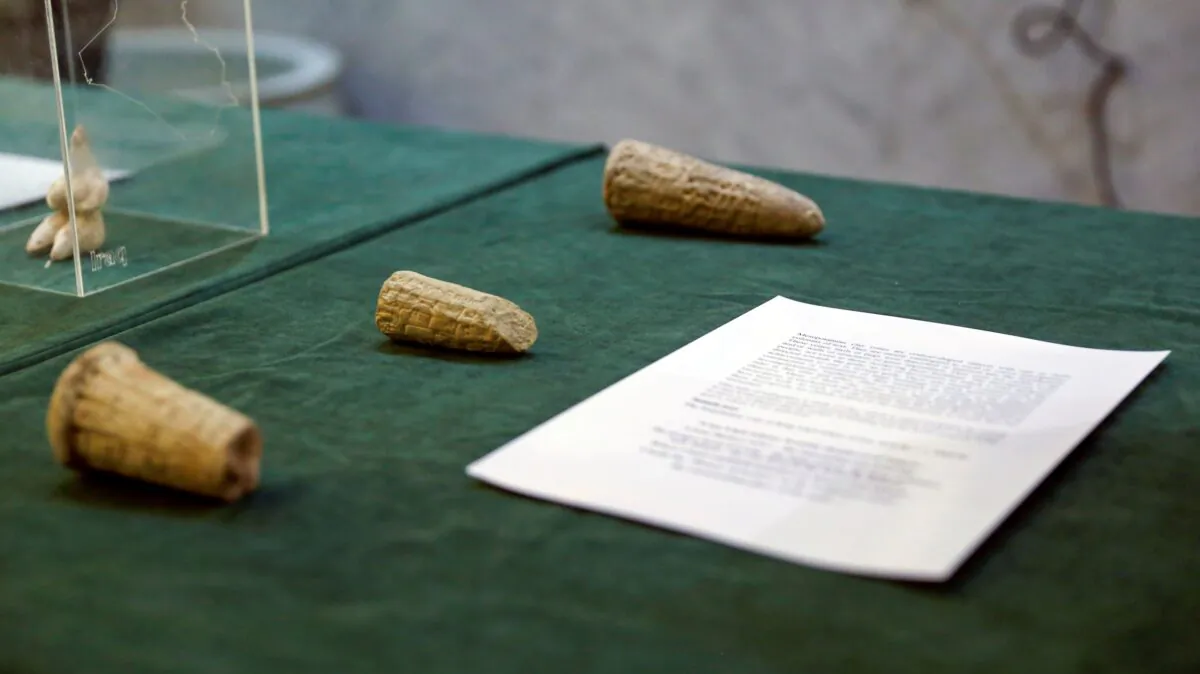 Artifacts seized by the U.S. government and returned to Iraq are displayed at the Ministry of Foreign Affairs in Baghdad, Iraq, on Aug. 3, 2021. (Saba Kareem/Reuters)