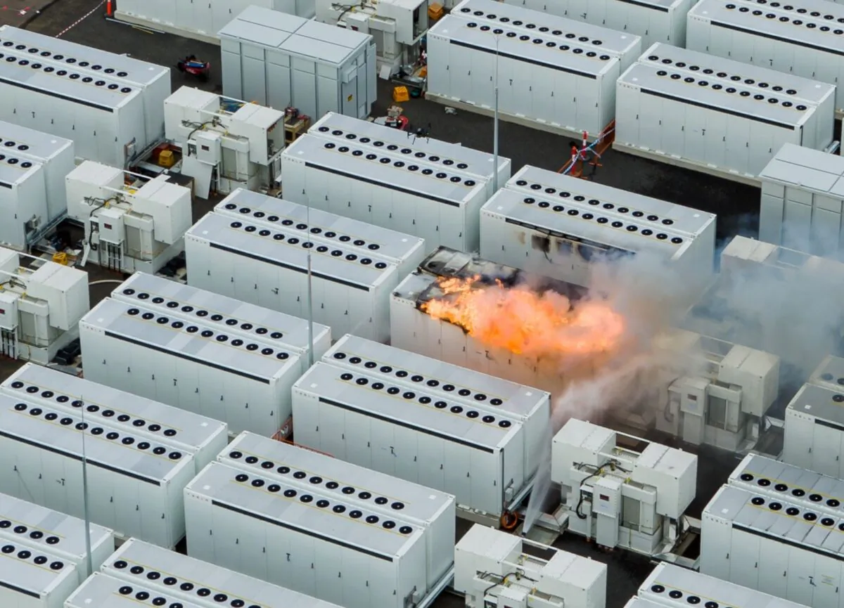 A zoomed-in shot of a fire at the Victoria Big Battery in Moorabool near Melbourne in Victoria, Australia on July 30, 2021. (Fire Rescue Victoria)