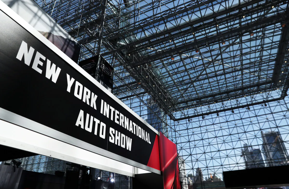 A sign for the auto show is pictured at the 2019 New York International Auto Show in New York City, N.Y., on April 17, 2019. (Shannon Stapleton/Reuters)