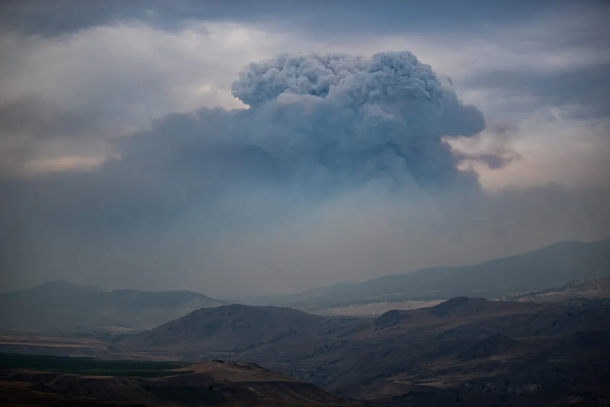 A pyrocumulus cloud, also known as a fire cloud, forms in the sky as the Tremont Creek wildfire burns on the mountains above Ashcroft, B.C., on July 16, 2021. (Darryl Dyck/The Canadian Press)