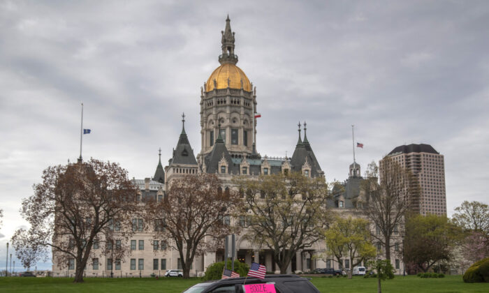 The Connecticut State Capitol is pictured during a rolling car rally against COVID-19 lockdowns in Hartford, Conn., on May 4, 2020. (John Moore/Getty Images)