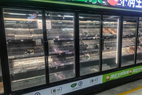 Empty shelves at a supermarket in Wuhan, as people stock up on items, in China’s central Hubei Province, on Aug. 2, 2021. (STR/AFP via Getty Images)