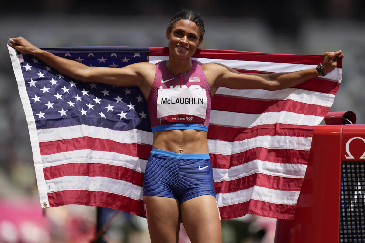 Gold medalist Sydney McLaughlin, of the United States, celebrates after winning the women's 400-meter hurdles at the 2020 Summer Olympics in Tokyo, Japan, on Aug. 4, 2021. (Petr David Josek/AP Photo)