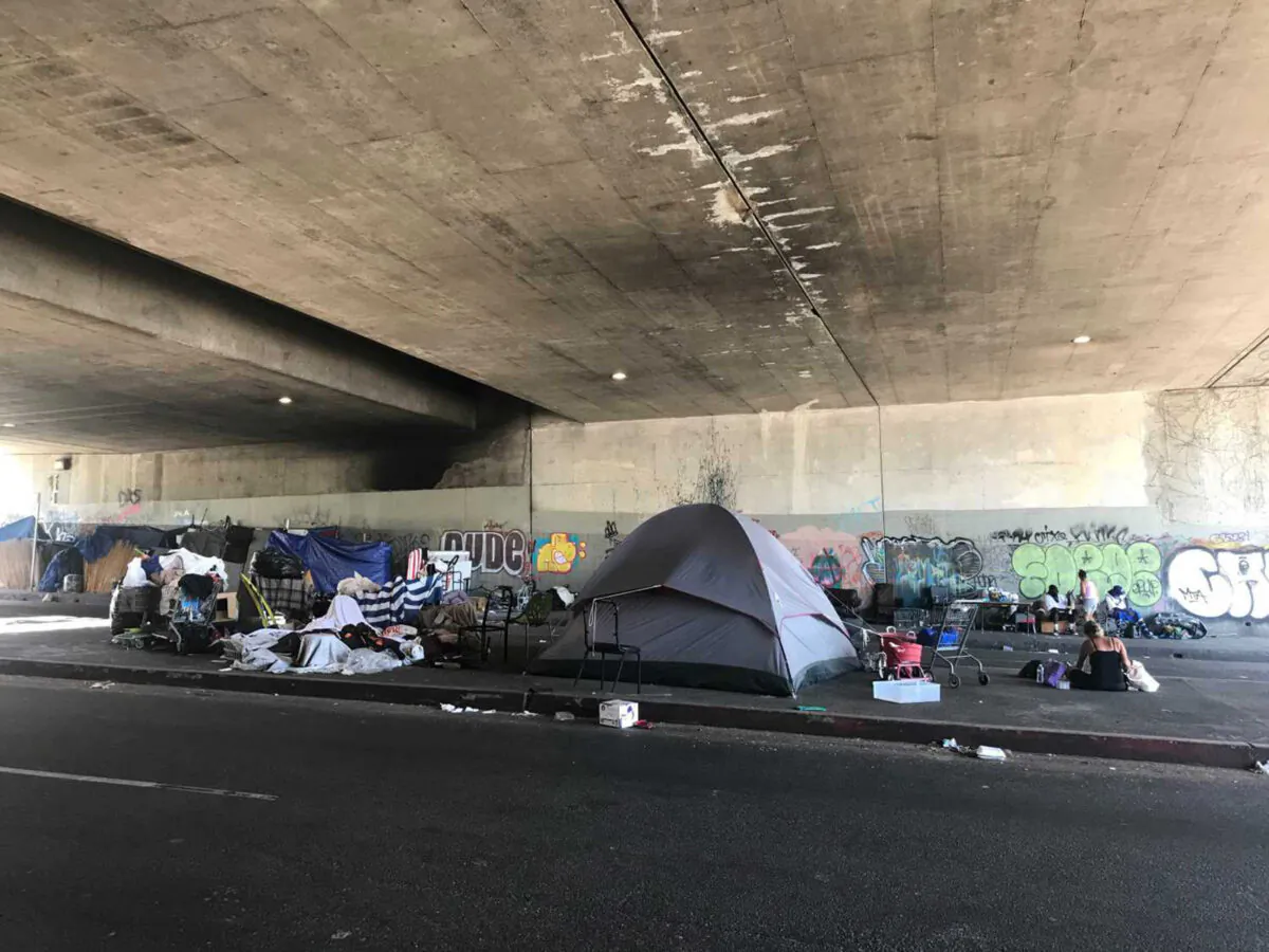 An encampment lines the sidewalk and median of Gower Street on Gower Street in Los Angeles, Calif., in an undated photo. (David Zahniser/Los Angeles Times/TNS)