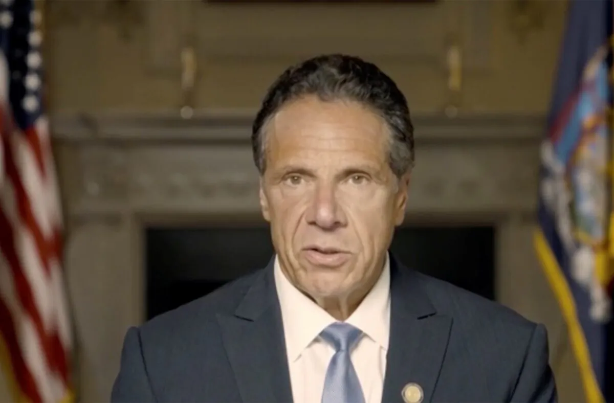 New York Gov. Andrew Cuomo makes a statement in this screen grab taken from a pre-recorded video released by Office of the NY Governor, in New York, on Aug. 3, 2021. (Office of Governor Andrew Cuomo via Reuters)