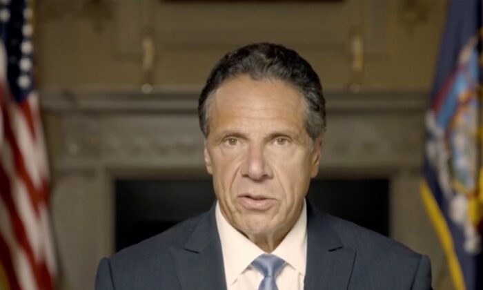 New York Gov. Andrew Cuomo makes a statement in this screen grab taken from a pre-recorded video released by Office of the NY Governor, in New York, on Aug. 3, 2021. (Office of Governor Andrew Cuomo via Reuters)