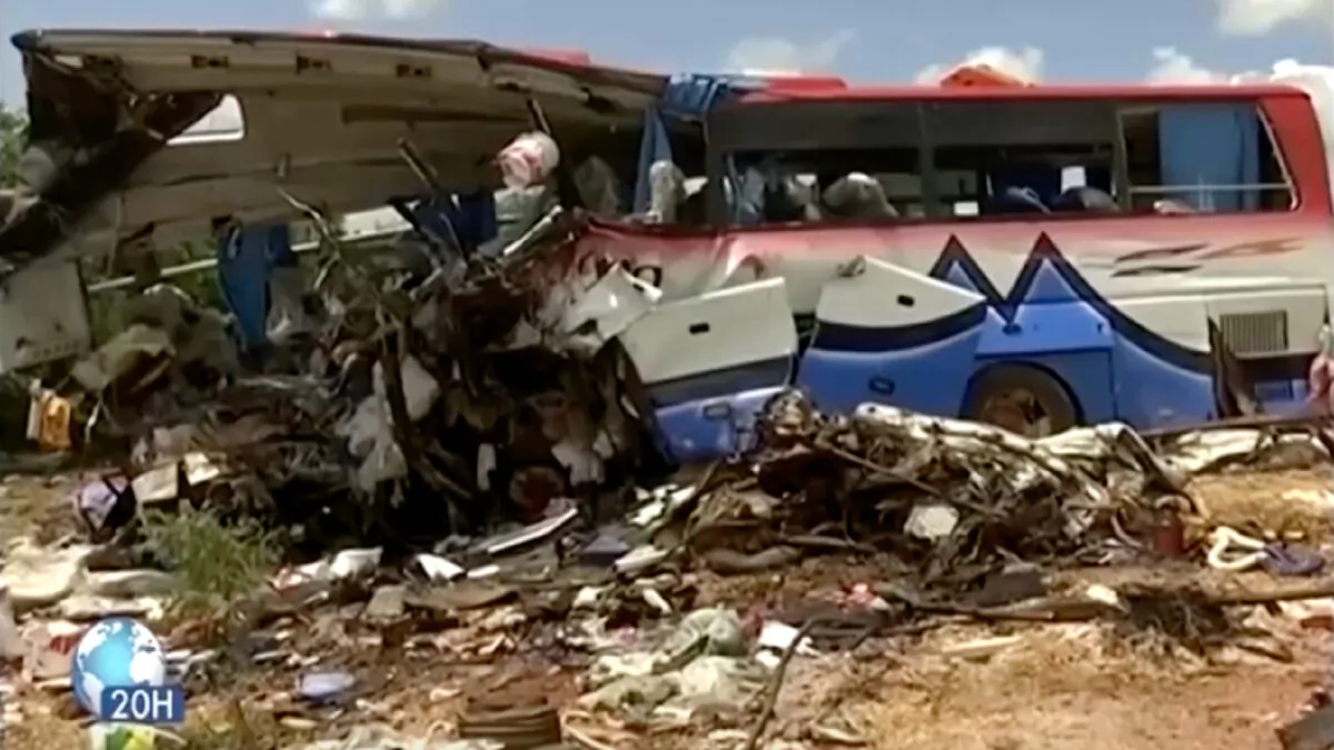 A damaged bus after a crash in Segou region, Mali, on Aug. 3, 2021. (ORTM via Reuters/Screenshot via NTD)