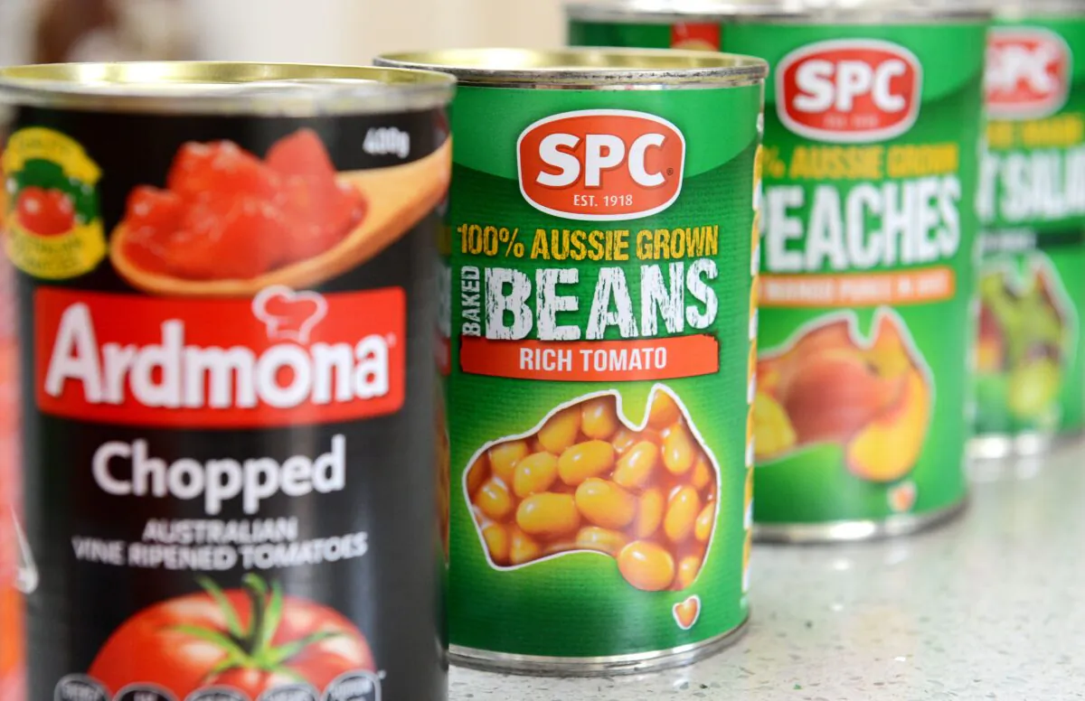 Assorted canned fruit and vegetables made by SPC Ardmona pictured in Brisbane, Australia, on Feb. 5, 2014. (AAP Image/Dan Peled)