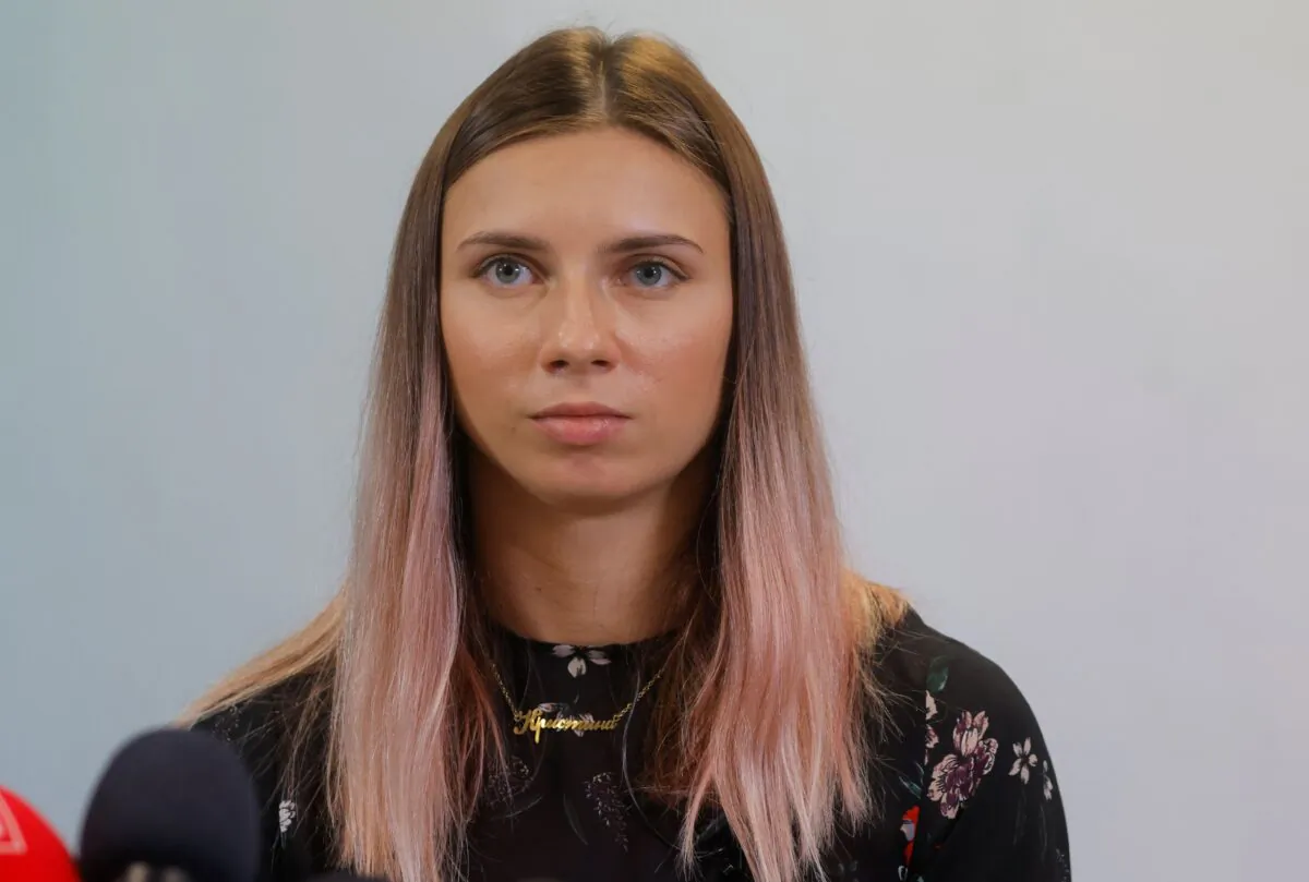 Belarusian Olympic athlete Krystsina Tsimanouskaya addresses a press conference in Warsaw, on Aug. 5, 2021. (Wojtek Radwanski/AFP via Getty Images)