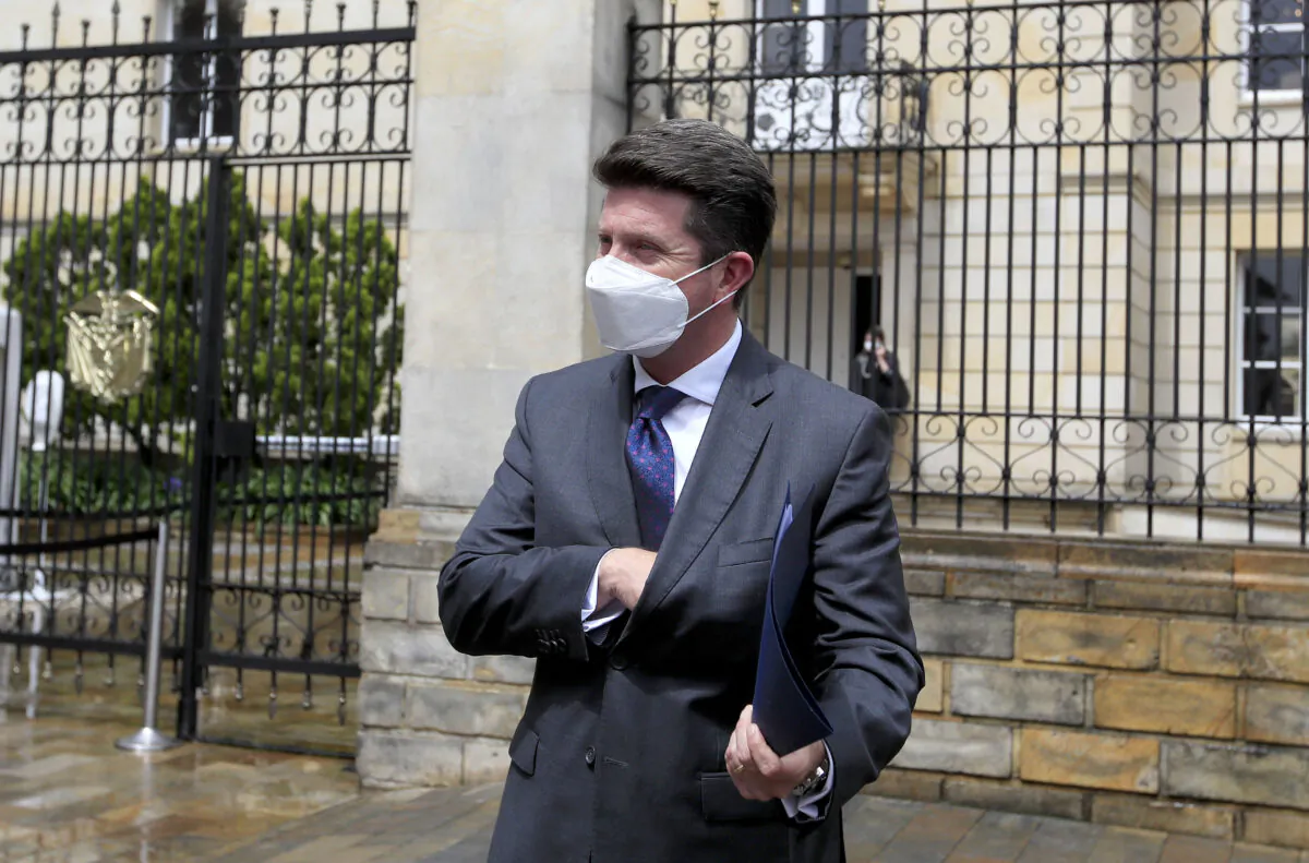 Colombian Defense Minister Diego Molano leaves the Presidential Palace after a press conference in Bogota, Colombia, on June 9, 2021. (Daniel Munoz/AFP via Getty Images)