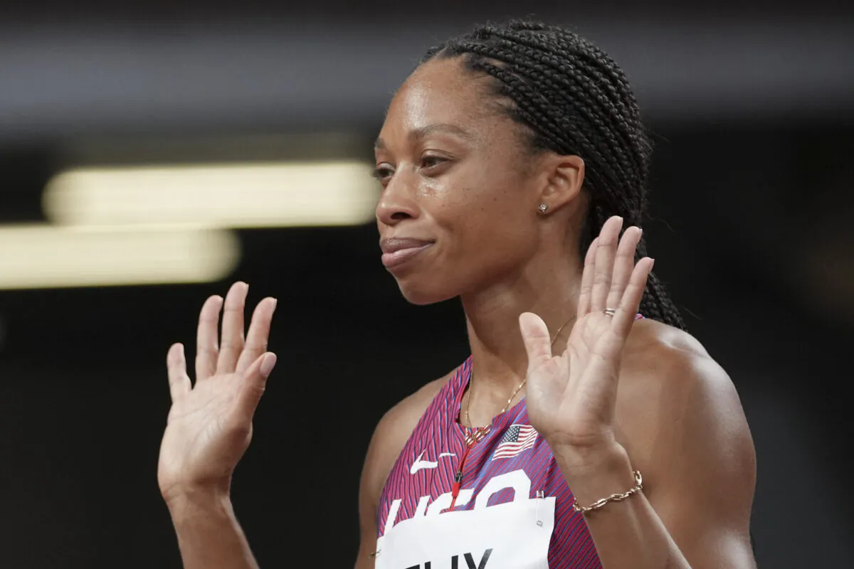 Allyson Felix of the United States reacts prior to the start in a semifinal of the women's 400 meters at the 2020 Summer Olympics, in Tokyo on Aug. 4, 2021. (Matthias Schrader/AP Photo)
